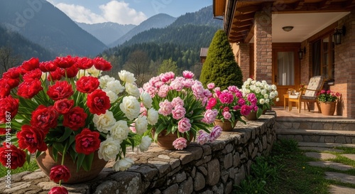 colorful blooming hydrangeas and red flowers decorate a stone garden beside a cozy mountain house with scenic alpine views and peaceful outdoor living