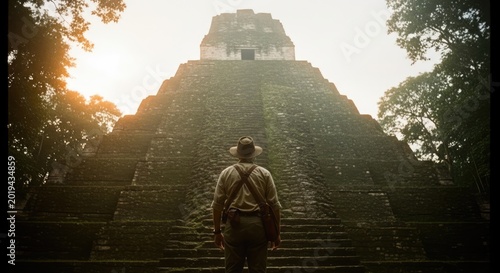 Explorer standing before ancient stone pyramid in misty jungle