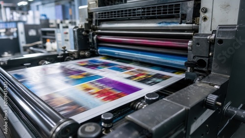A printing press in action, showcasing colorful printed sheets being processed through rollers.