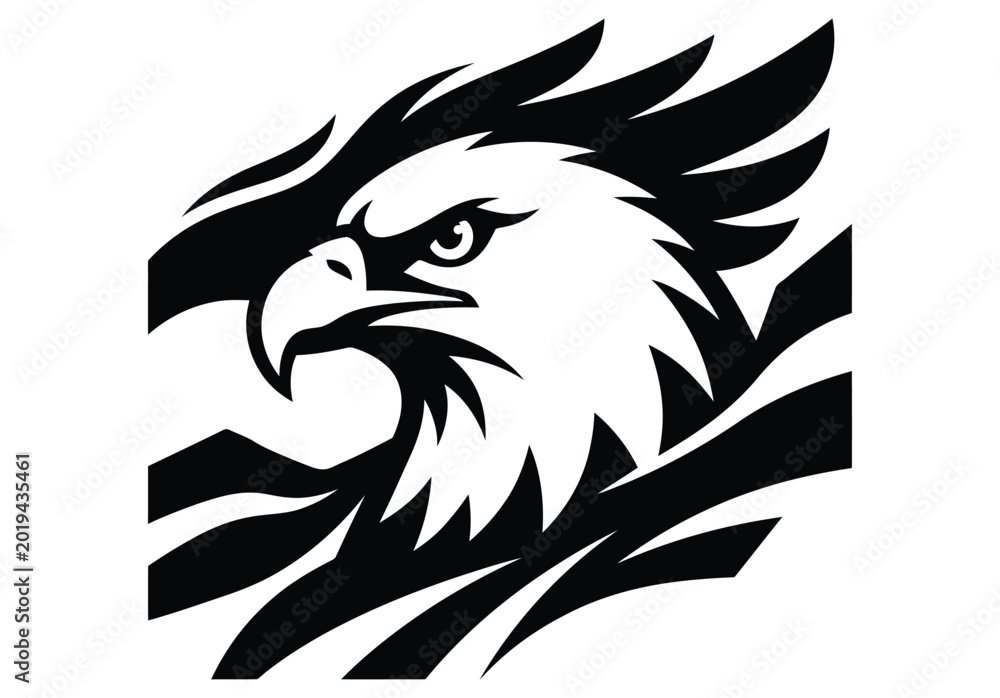 Fototapeta premium Black and white eagle head logo with sharp feathers and strong gaze isolated on white background