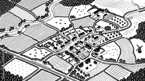 Foto Aerial view of a quaint village nestled in rolling countryside with fields and trees