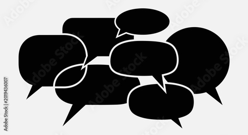 Abstract Composition of Multiple Black Speech Bubbles and Dialogue Balloons Overlapping on White Background for Communication and Conversation Concept