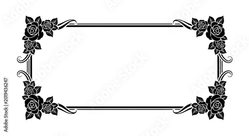 Elegant Rose Floral Frame Vector Silhouette - Decorative Rectangular Border for Invitations, Weddings, and Mourning