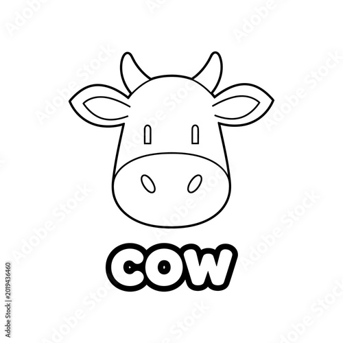 Cute cartoon cow head with text a simple black and white illustration