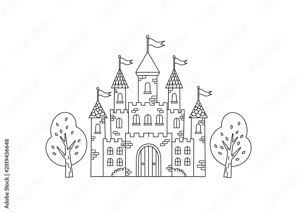 Fototapeta premium Whimsical castle sketch a detailed black and white illustration of a fairytale fortress