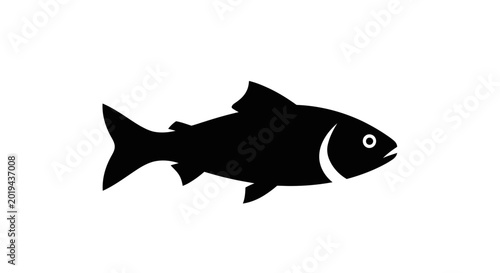 Black silhouette of a fish swimming, isolated on a white background. Minimalist vector illustration of seafood or aquatic animal.