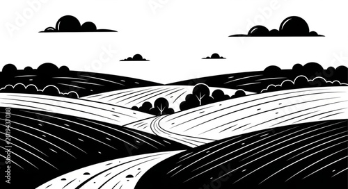 Schilderij op canvas Black and white illustration of rolling hills and fields.