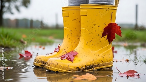 Person wearing yellow rain boots outdoors.