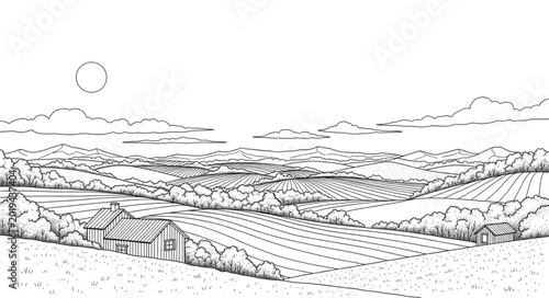 Εκτύπωση καμβά Vineyard landscape with rolling hills and distant mountains.
