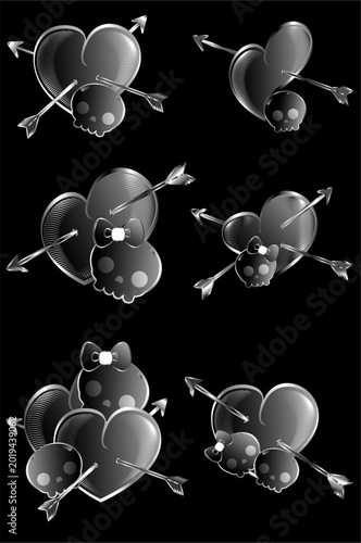 kawaii goth heart skull cartoon chrome style in vector format