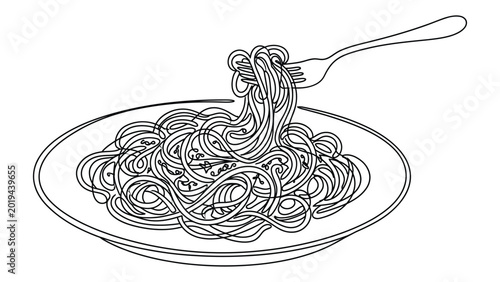 continuous line drawing A plate of spaghetti on a fork.