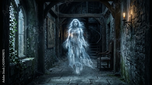 Glowing apparition of a woman floating in a dark medieval corridor with cobwebs, gothic windows, and a single burning candle.