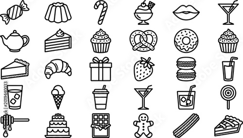 Foto Sweet dessert and snack outline icon set featuring cake candy donut cupcake drin