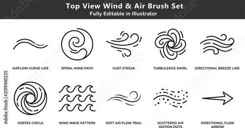 Foto Top View Wind and Air Brush Set Vector Icons – Airflow, Breeze, Vortex and Turbu