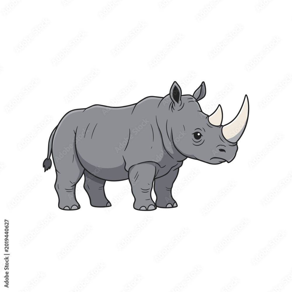 Fototapeta premium Cartoon of a standing gray rhinoceros with two horns