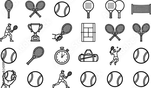 Fotografie Tennis sport outline icon set featuring racket ball court player trophy and prof