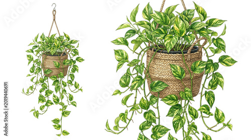 Detailed botanical illustration of a Golden Pathos in a hanging woven basket, realistic Epi premium aureus houseplant with variegated green and yellow leaves on a white background.