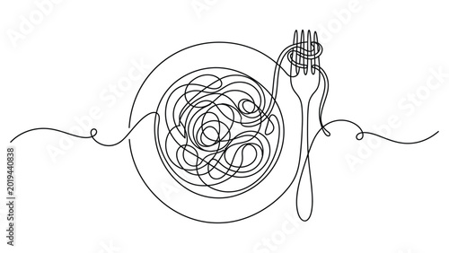 continuous line drawing A plate of spaghetti with fork.