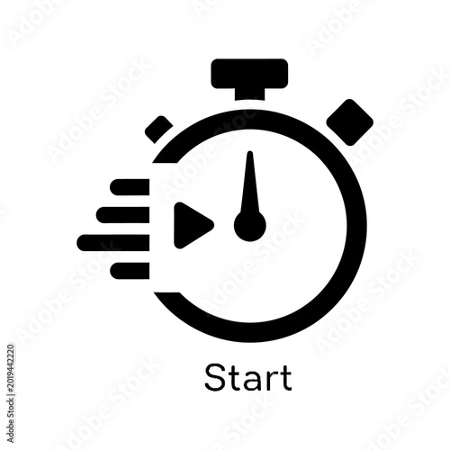 Black and white stopwatch icon with play button and start text