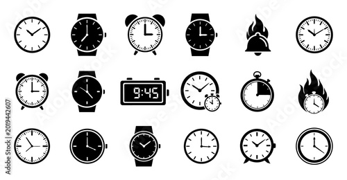 Canvas Print Black silhouette time management icons set clocks watches alarms and timers