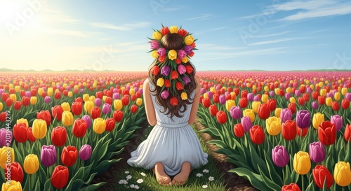 girl kneeling in colorful tulip field with flower crown