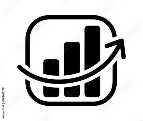 A black and white icon of a bar chart with an upward trend arrow