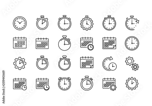 A collection of various clock and calendar icons in a simple line art style