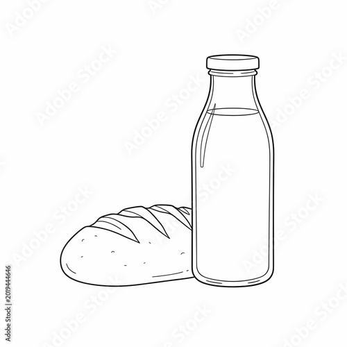Glass bottle of milk and loaf of bread outline vector illustration