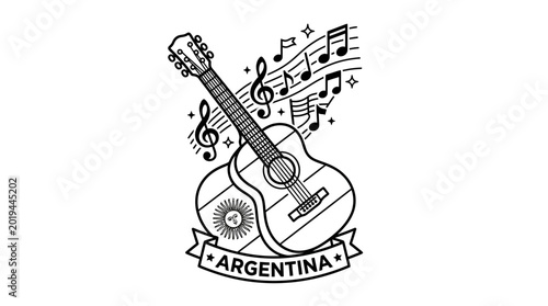Acoustic guitar illustration with Argentine flag symbol and musical notes.