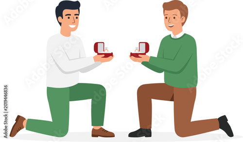 Schilderij op canvas Two happy men kneeling and proposing to each other with engagement rings in a jo