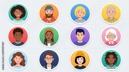 Billede på lærred Collection of diverse cartoon user profile avatars in circles.