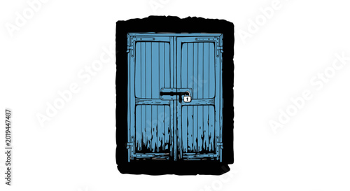Old Blue Wooden Double Door with Metal Padlock and Latch