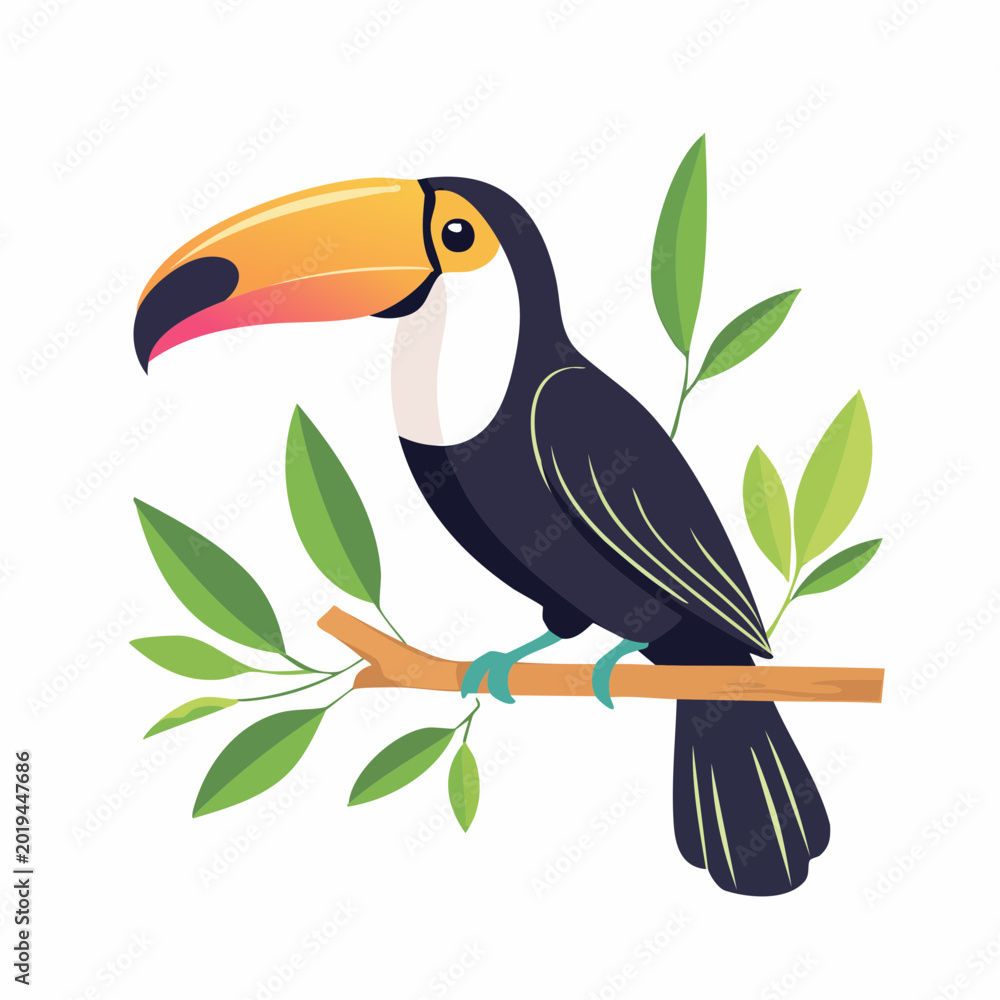 Fototapeta premium Illustration of a Toucan perched on a branch with green leaves