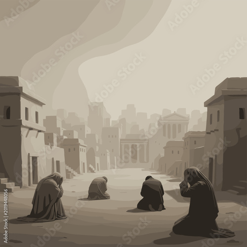 Bild auf Leinwand Four figures kneeling in prayer amidst a deserted ancient city ruins