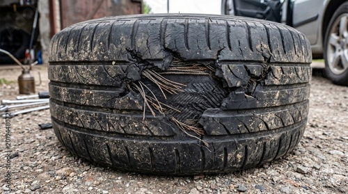 Artwork depicting close-up view of heavily damaged car tire on gravel surface, large rupture in tread exposing steel belts and reinforcing cords.