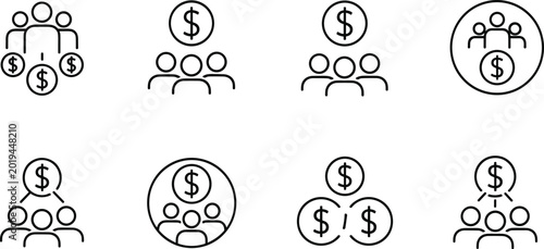 Fotografie Finance and Money Distribution Icon Set Featuring Dollar Symbols, Groups, and In