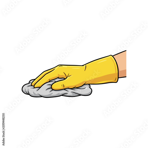 Hand in yellow rubber glove wiping surface with a grey cloth
