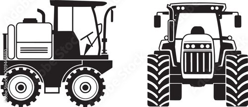 Agriculture machinery icons showing side and front views of heavy duty farm tractor for field work.
