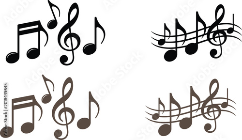 Foto Black and Brown Music Note and Treble Clef Symbol Set with Staff Lines on White
