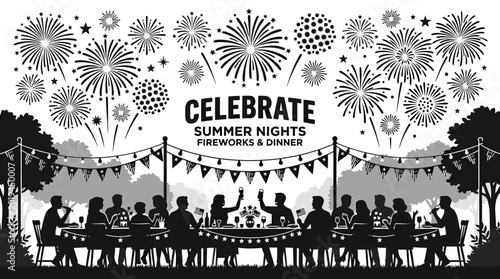 Silhouette illustration of a group of people enjoying an outdoor summer dinner party under fireworks.