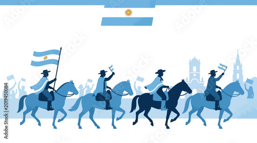 Fotografi Silhouettes of gauchos on horseback parading with Argentine flags