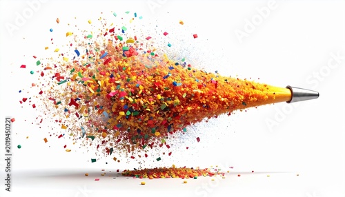 Party confetti cannon burst effect, isolated on pure white background, frozen motion realistic style