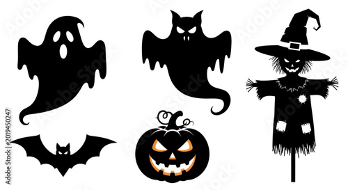Photos Halloween Silhouettes: Ghost, Bat, Pumpkin, Scarecrow, and Monster