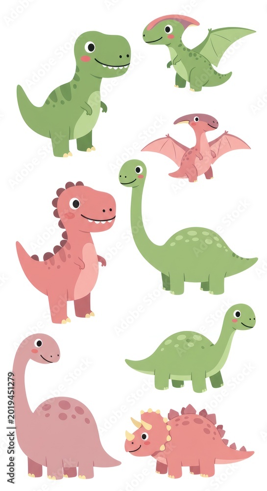 Fototapeta premium Several cartoon dinosaurs and a pterosaur are standing together on land
