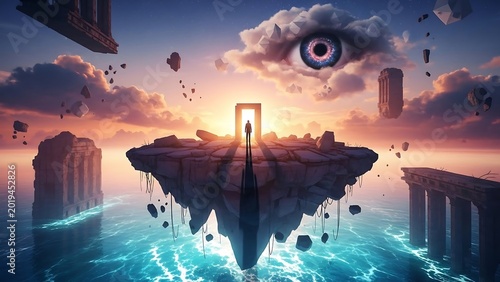 Surreal Floating Islands with an Eye in the Sky and a Portal.
