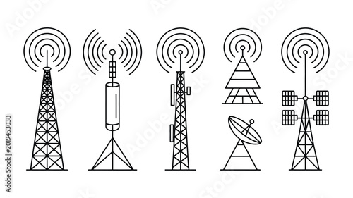 5G tower and wireless signal icon set for telecommunications branding, mobile network applications, and modern technology documentation.