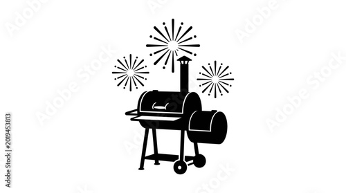 Canvastavla Black and white silhouette illustration of a backyard barbecue smoker grill with celebratory fireworks