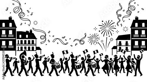 Canvas-taulu Silhouette illustration of a celebratory parade with musicians and dancing people