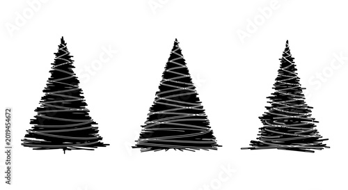Scribbled Christmas tree silhouettes with white spiral garlands