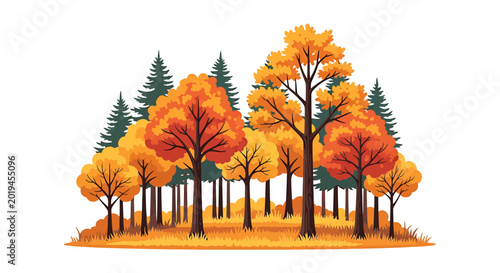 Vibrant autumn forest with orange and yellow trees on white background